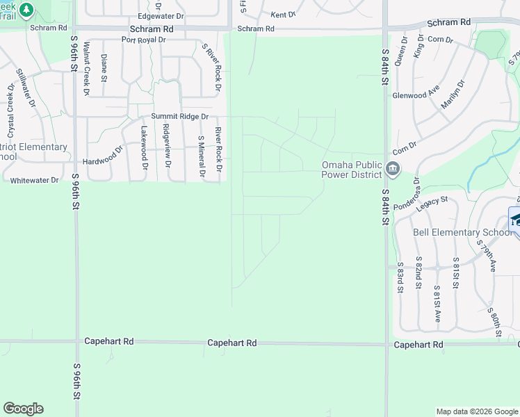 map of restaurants, bars, coffee shops, grocery stores, and more near 2417 River Rock Drive in Papillion