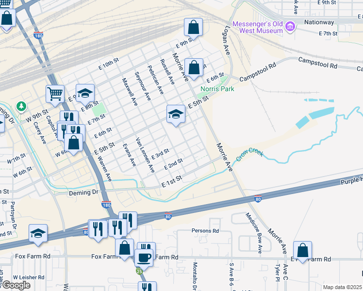 map of restaurants, bars, coffee shops, grocery stores, and more near 717 East 3rd Street in Cheyenne