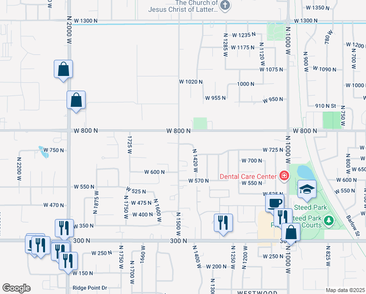map of restaurants, bars, coffee shops, grocery stores, and more near 1487 West 735 North in Clinton