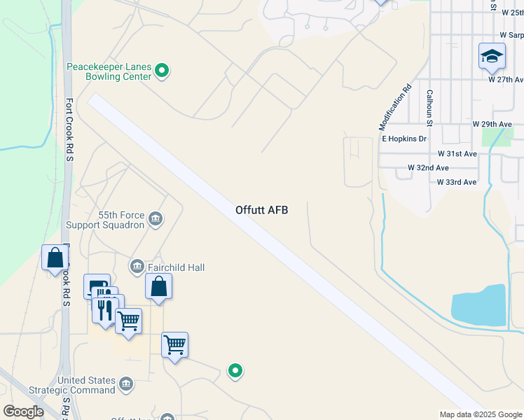 map of restaurants, bars, coffee shops, grocery stores, and more near in Offutt Air Force Base