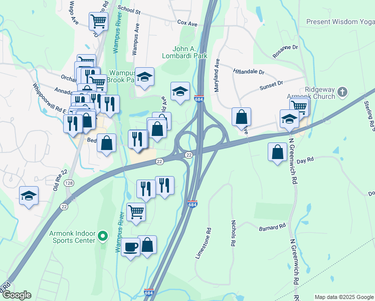 map of restaurants, bars, coffee shops, grocery stores, and more near 120-162 Armonk Bedford Rd in Armonk