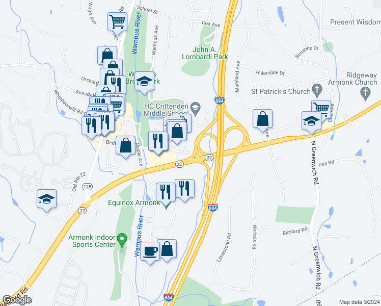 map of restaurants, bars, coffee shops, grocery stores, and more near 513 Bedford Road in Armonk
