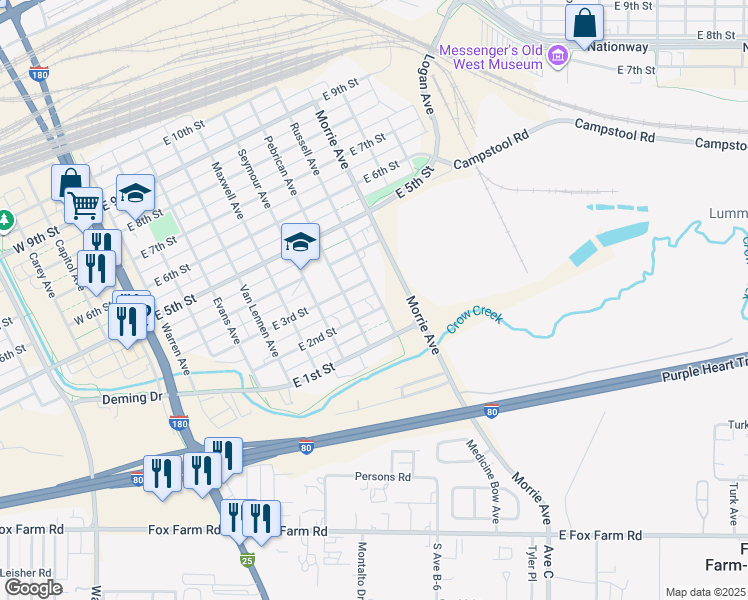 map of restaurants, bars, coffee shops, grocery stores, and more near 806-898 East 2nd Street in Cheyenne
