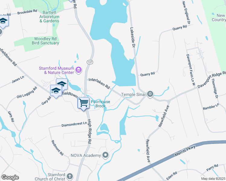 map of restaurants, bars, coffee shops, grocery stores, and more near 97 Interlaken Road in Stamford