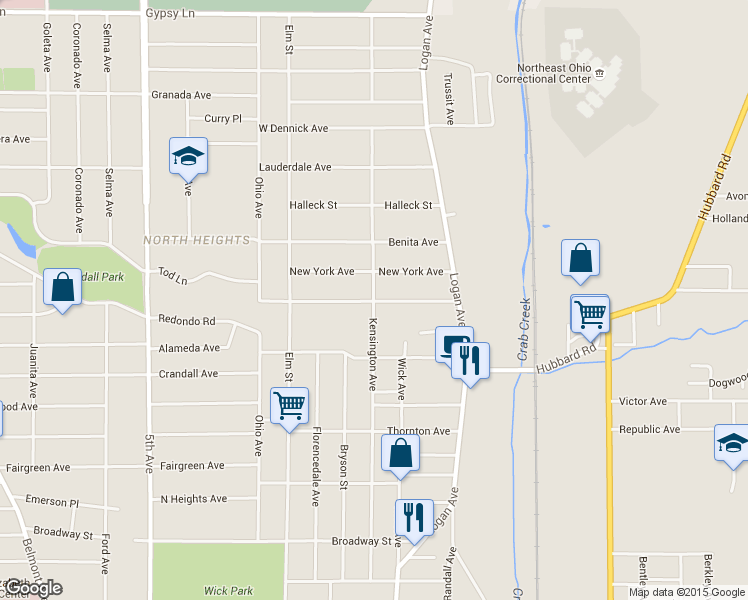map of restaurants, bars, coffee shops, grocery stores, and more near 590 Tod Lane in Youngstown