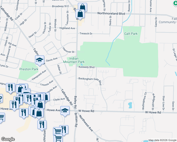 map of restaurants, bars, coffee shops, grocery stores, and more near 1423 Buckingham Gate Boulevard in Cuyahoga Falls