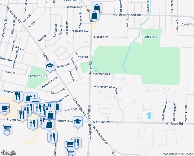 map of restaurants, bars, coffee shops, grocery stores, and more near 1483 Buckingham Gate Boulevard in Cuyahoga Falls
