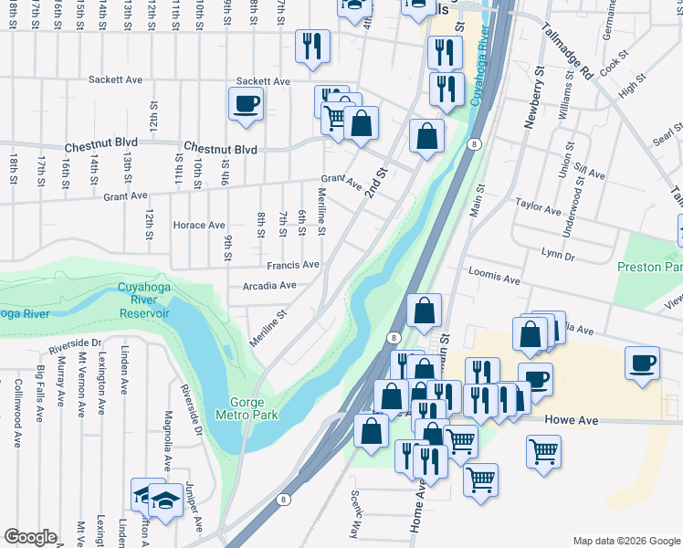 map of restaurants, bars, coffee shops, grocery stores, and more near 1444 Front Street in Cuyahoga Falls