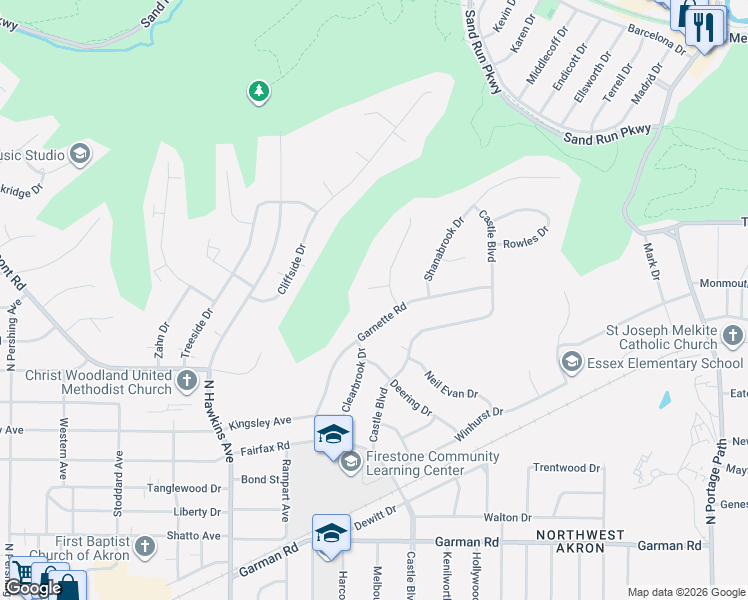 map of restaurants, bars, coffee shops, grocery stores, and more near 574 Garnette Road in Akron