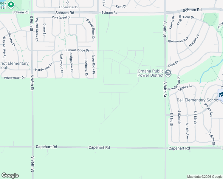 map of restaurants, bars, coffee shops, grocery stores, and more near 2417 River Rock Drive in Papillion