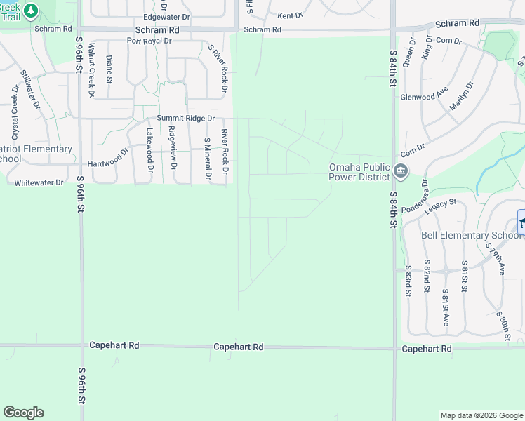map of restaurants, bars, coffee shops, grocery stores, and more near 2417 River Rock Drive in Papillion