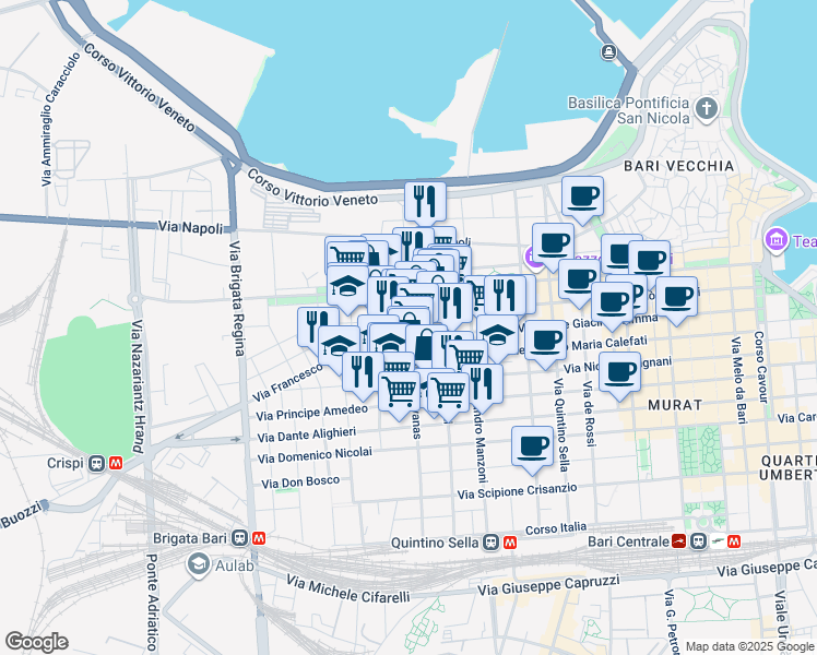 map of restaurants, bars, coffee shops, grocery stores, and more near 2 Via Giovanni Pascoli in Bari