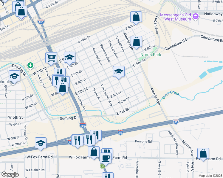 map of restaurants, bars, coffee shops, grocery stores, and more near 523 East 4th Street in Cheyenne