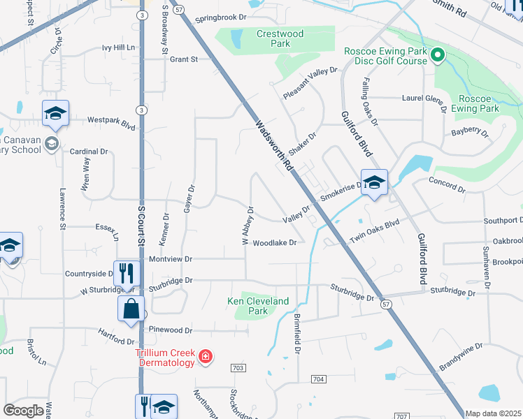 map of restaurants, bars, coffee shops, grocery stores, and more near 431 Valley Drive in Medina