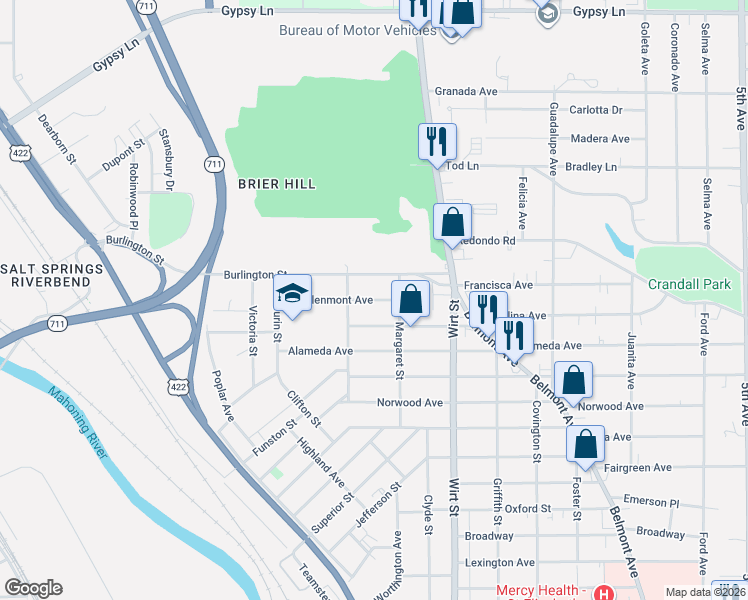 map of restaurants, bars, coffee shops, grocery stores, and more near 1007 Glenmont Avenue in Youngstown
