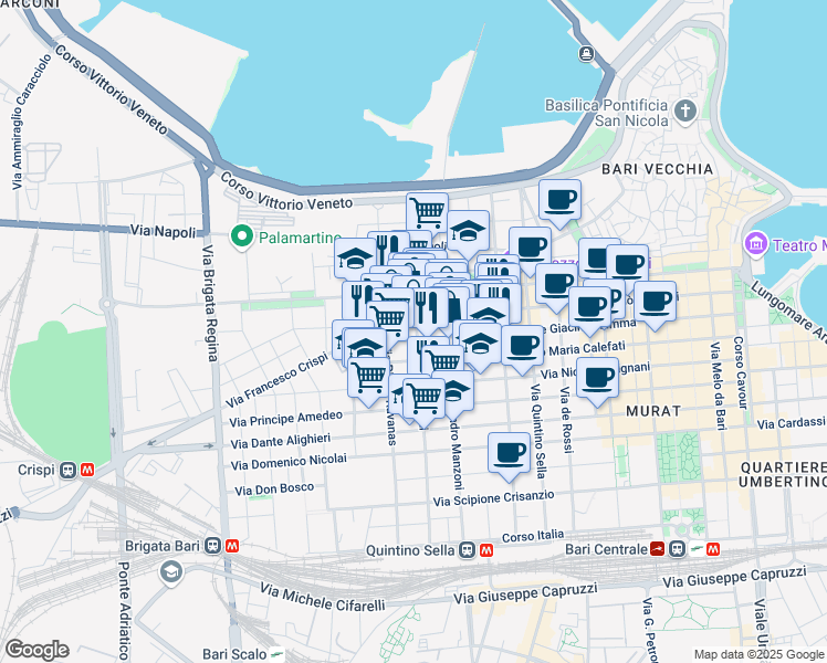 map of restaurants, bars, coffee shops, grocery stores, and more near 125 Via Trevisani in Bari
