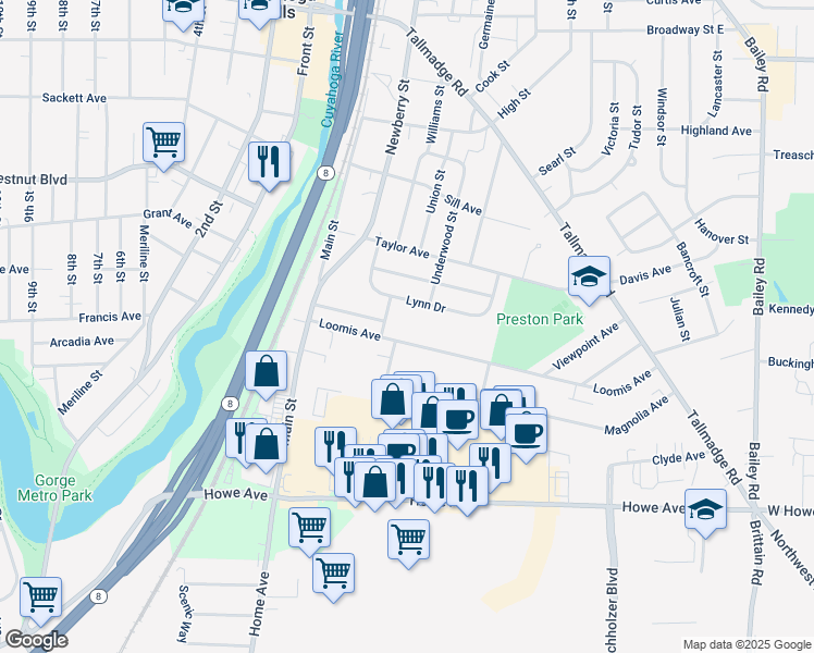 map of restaurants, bars, coffee shops, grocery stores, and more near 401 Loomis Avenue in Cuyahoga Falls