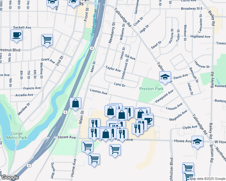 map of restaurants, bars, coffee shops, grocery stores, and more near 401 Loomis Avenue in Cuyahoga Falls