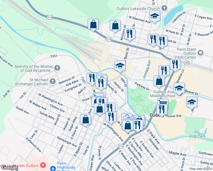 map of restaurants, bars, coffee shops, grocery stores, and more near 323 Sandy Street in DuBois