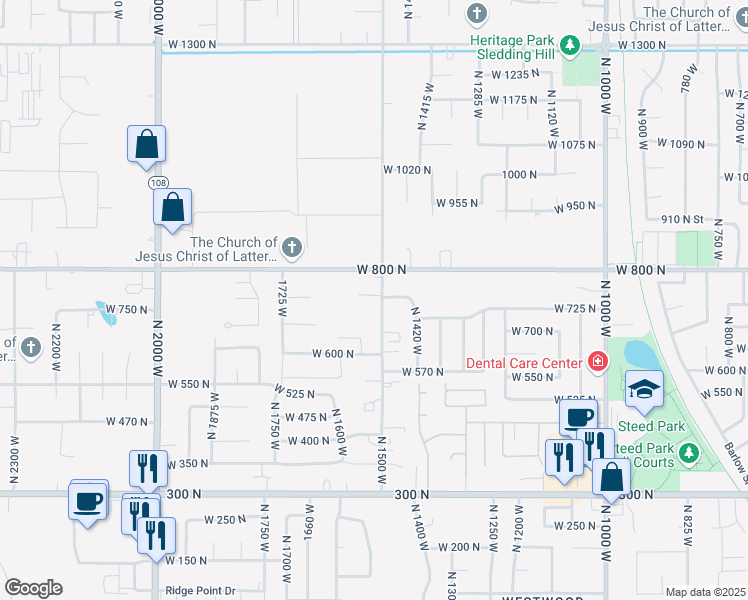 map of restaurants, bars, coffee shops, grocery stores, and more near 701 North 1500 West in Clinton