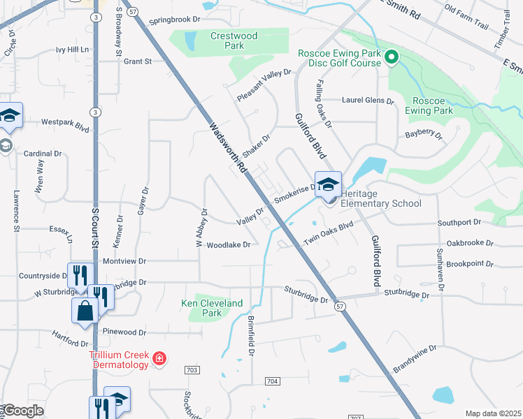 map of restaurants, bars, coffee shops, grocery stores, and more near 536 Valley Drive in Medina