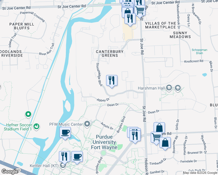 map of restaurants, bars, coffee shops, grocery stores, and more near 2727 Canterbury Boulevard in Fort Wayne