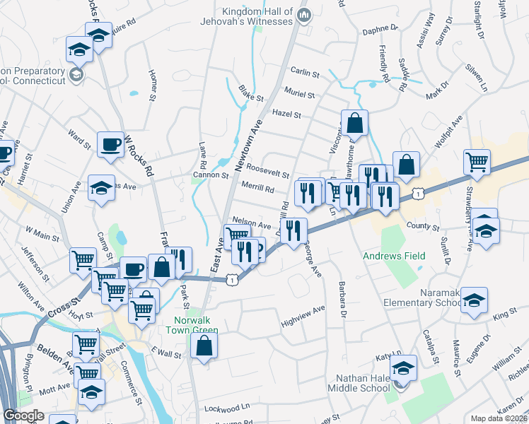 map of restaurants, bars, coffee shops, grocery stores, and more near 17 Nelson Avenue in Norwalk