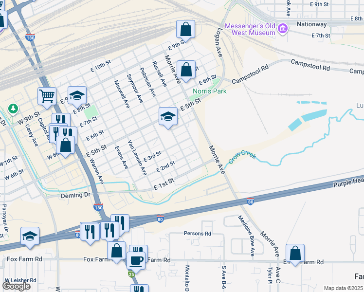 map of restaurants, bars, coffee shops, grocery stores, and more near 717 East 3rd Street in Cheyenne