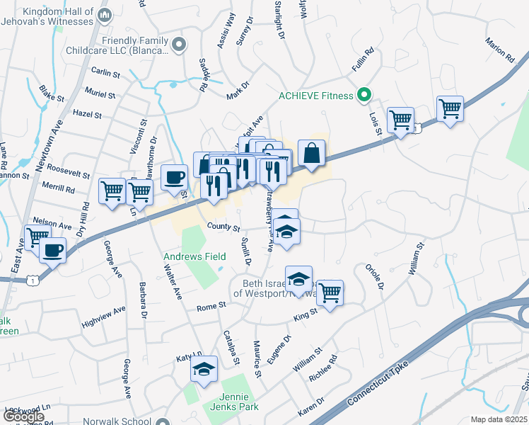 map of restaurants, bars, coffee shops, grocery stores, and more near 48 County Street in Norwalk