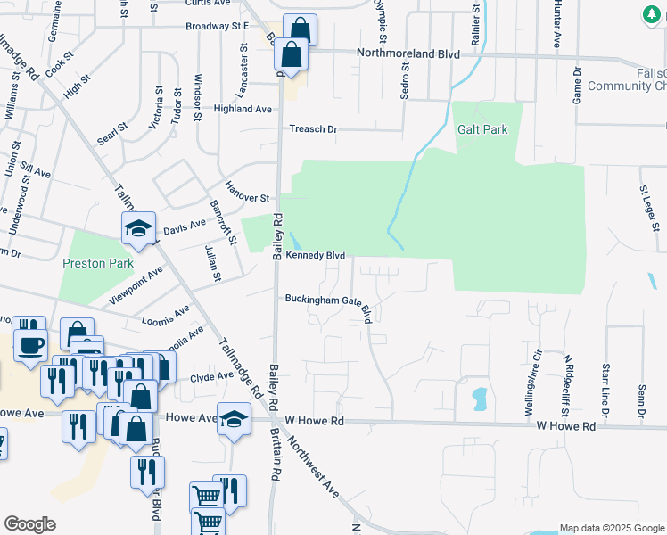 map of restaurants, bars, coffee shops, grocery stores, and more near 1423 Buckingham Gate Boulevard in Cuyahoga Falls