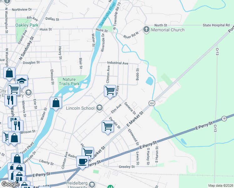 map of restaurants, bars, coffee shops, grocery stores, and more near 146 Seneca Street in Tiffin
