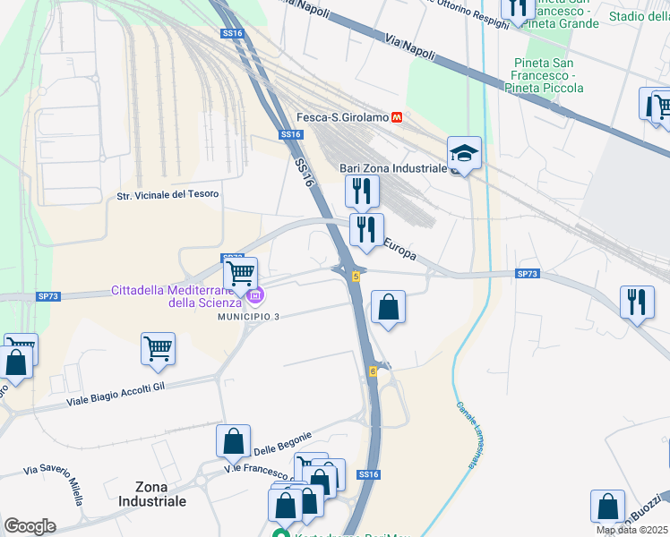 map of restaurants, bars, coffee shops, grocery stores, and more near Via Tommaso Columbo in Bari