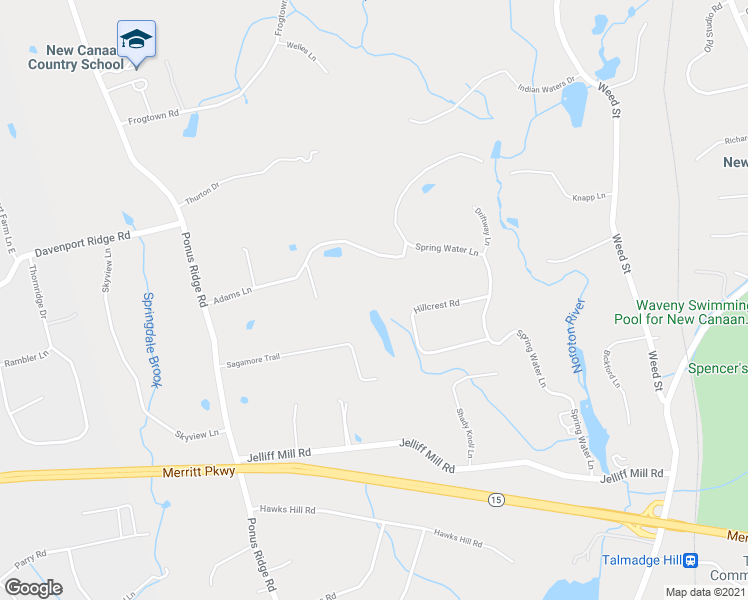 map of restaurants, bars, coffee shops, grocery stores, and more near 52 Adams Lane in New Canaan