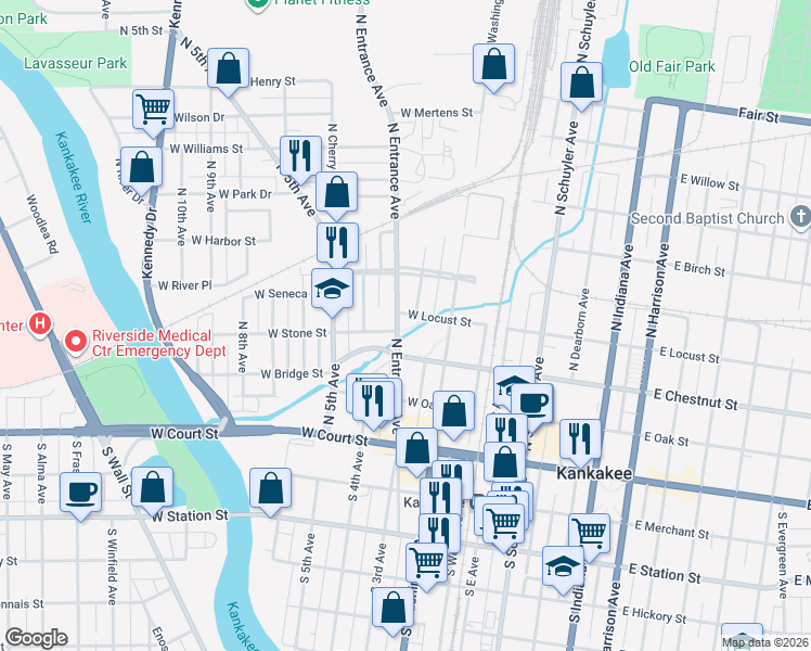 map of restaurants, bars, coffee shops, grocery stores, and more near 300-310 North Entrance Avenue in Kankakee