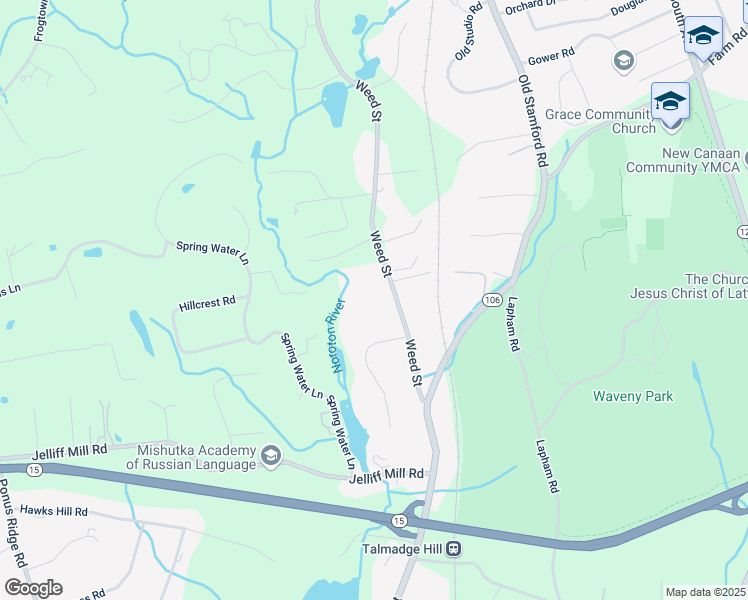 map of restaurants, bars, coffee shops, grocery stores, and more near 114 Weed Street in New Canaan