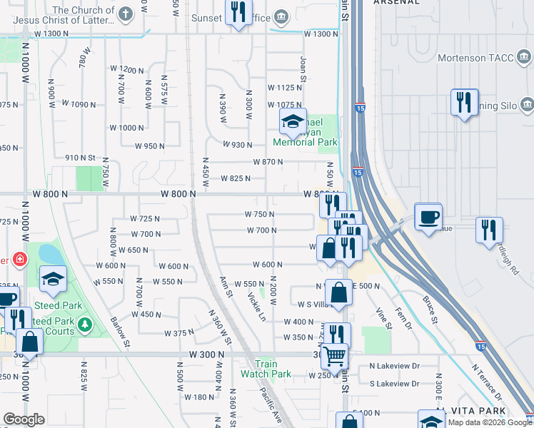 map of restaurants, bars, coffee shops, grocery stores, and more near 213 West 750 North in Clearfield