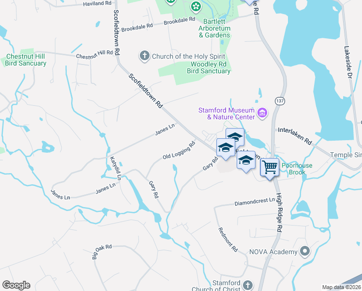 map of restaurants, bars, coffee shops, grocery stores, and more near 44 Old Logging Road in Stamford