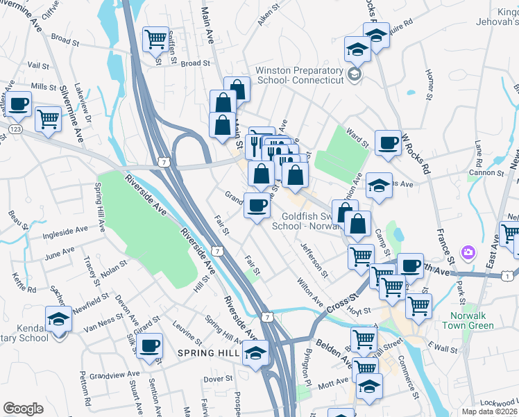 map of restaurants, bars, coffee shops, grocery stores, and more near 2 Grand Street in Norwalk