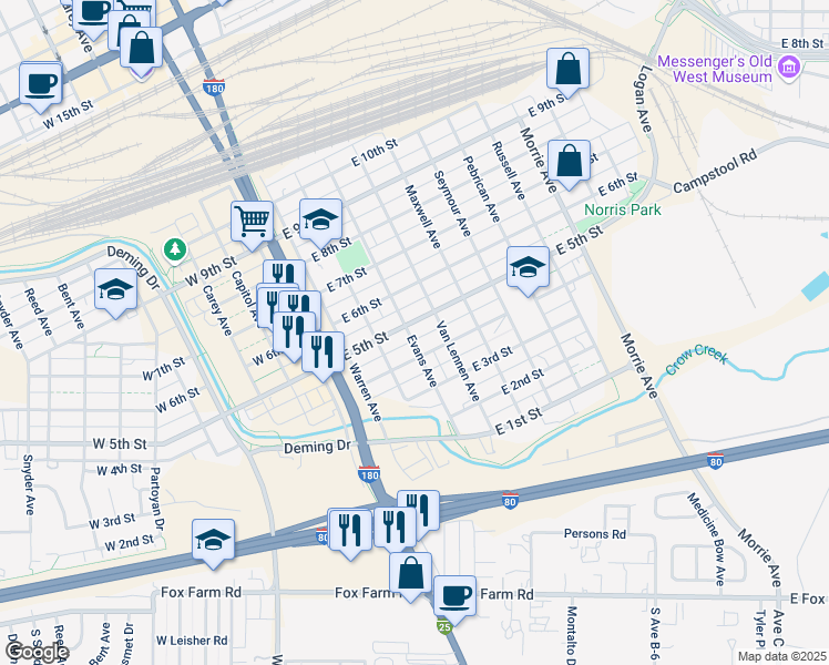 map of restaurants, bars, coffee shops, grocery stores, and more near 408 East 4th Street in Cheyenne