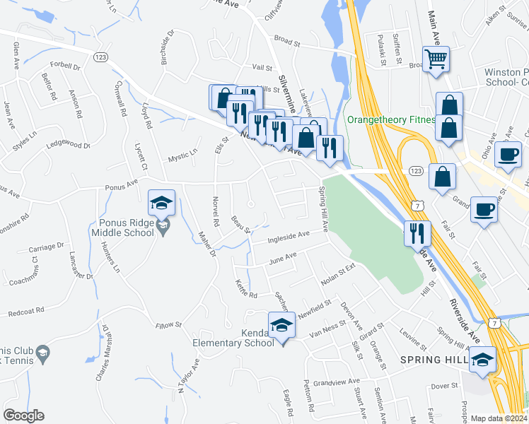 map of restaurants, bars, coffee shops, grocery stores, and more near 40 Tower Drive in Norwalk