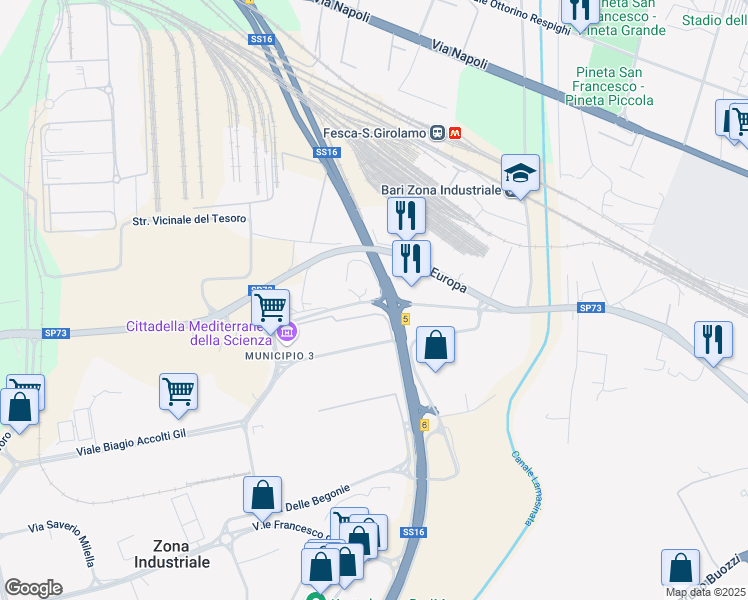 map of restaurants, bars, coffee shops, grocery stores, and more near Via Tommaso Columbo in Zona Industriale
