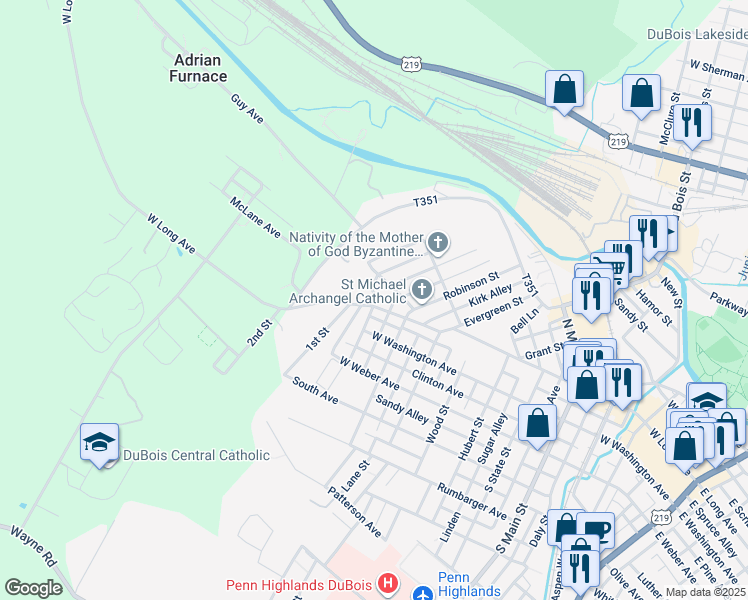 map of restaurants, bars, coffee shops, grocery stores, and more near 840 West Long Avenue in DuBois