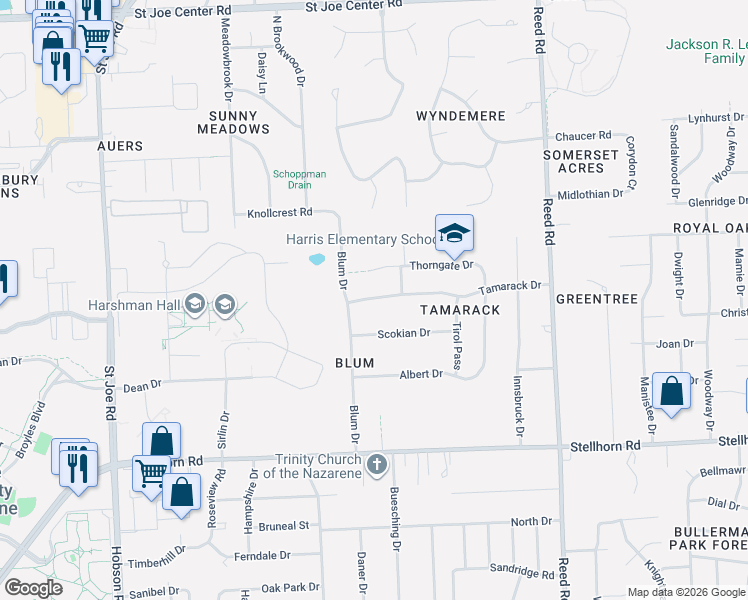map of restaurants, bars, coffee shops, grocery stores, and more near 4126 Tamarack Drive in Fort Wayne
