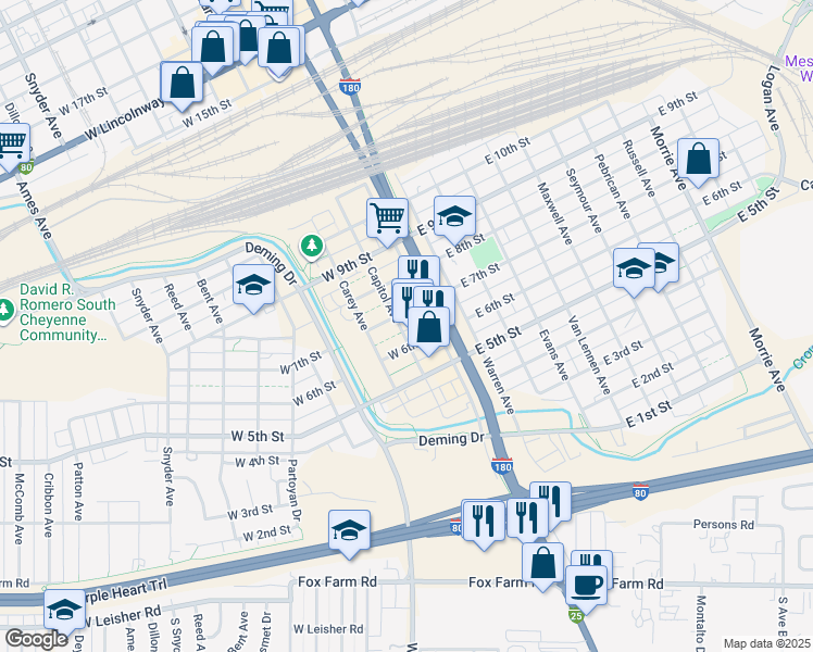 map of restaurants, bars, coffee shops, grocery stores, and more near 615 Capitol Avenue in Cheyenne