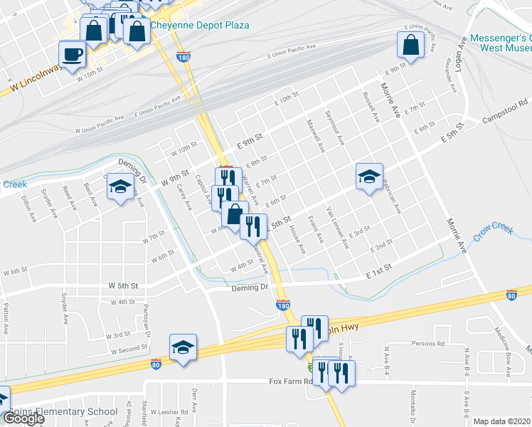 map of restaurants, bars, coffee shops, grocery stores, and more near 200 East 5th Street in Cheyenne