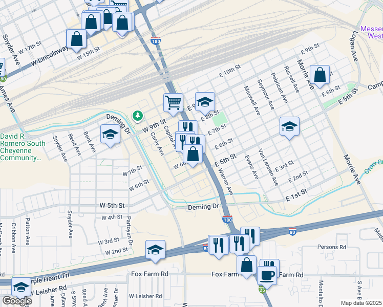 map of restaurants, bars, coffee shops, grocery stores, and more near 615 Capitol Avenue in Cheyenne