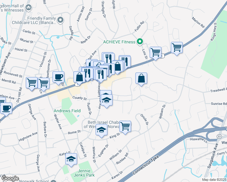 map of restaurants, bars, coffee shops, grocery stores, and more near 64 County Street in Norwalk