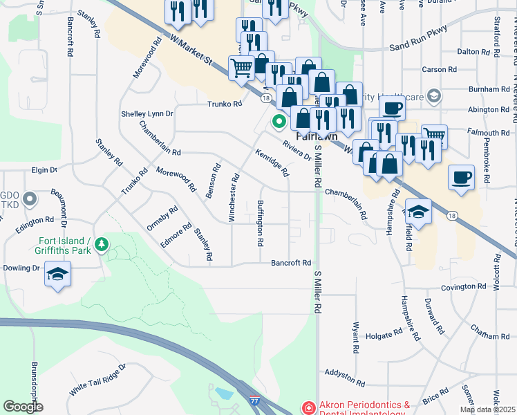map of restaurants, bars, coffee shops, grocery stores, and more near 210 Buffington Road in Fairlawn