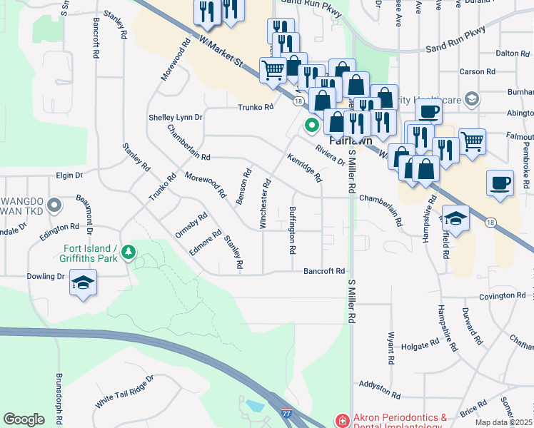 map of restaurants, bars, coffee shops, grocery stores, and more near 223 Winchester Road in Fairlawn