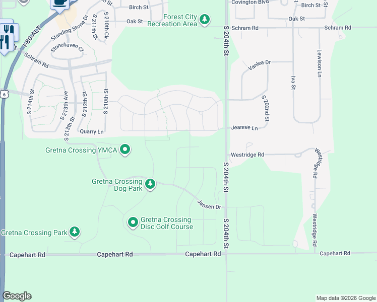 map of restaurants, bars, coffee shops, grocery stores, and more near 12267 South 206th Street in Gretna